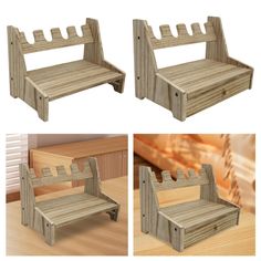 two wooden benches sitting on top of a wooden table next to each other and one bench made out of wood planks