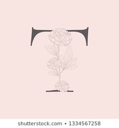 the letter f is made up of flowers and leaves on a pink background with black accents