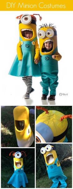 two children dressed up as minions from the movie despicables, one in blue and