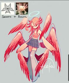 a drawing of an angel girl with pink wings