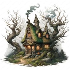 an illustration of a fairy house in the woods