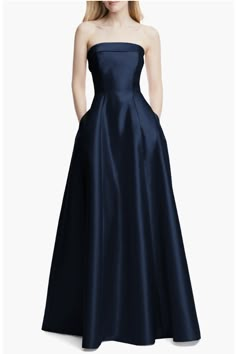 Alfred Sung, Strapless Prom Dress, Navy Bridesmaid Dresses, Prom Dress Inspiration, Strapless Gown, Blue Bridesmaids, Satin Gown, A Line Gown, Gorgeous Gowns