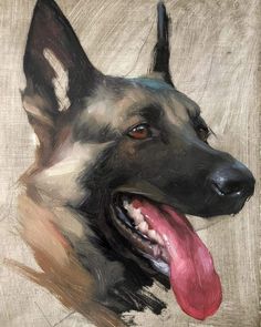 a painting of a german shepard dog with its tongue out and it's mouth open