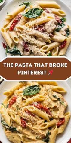 the pasta that broke the pinterest is shown in two different pictures, one with chicken and spinach