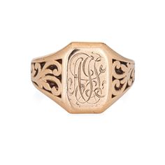 Finely detailed vintage Art Deco era square signet ring (circa 1920s to 1930s), crafted in 10 karat rose gold.  The square signet is engraved with the initials (from what we can decipher) "FJL". The ring sits flat on the finger, rising 2mm (0.07 inches). Beautiful scrolled details adorn the side shoulders.  The ring is in good condition with patina and wear evident (light scratches to the gold). We have not cleaned the ring in order to preserve the patina and collector value.   Particulars: Weight: 7.5 grams Stones:  N/A. Size & Measurements: The ring is a size 8 1/4 (sizable). The square signet mount measures 15mm in length (0.59 inches) and 10mm wide (0.39 inches) rising 2mm from the finger.  Metal & Hallmark: 10 karat rose gold. The ring is not hallmarked though it has tested positive f Luxury Hallmarked Art Deco Signet Ring, Art Nouveau Engagement Ring, Masonic Jewelry, Russian Jewelry, Art Nouveau Ring, Antique Jewelry Rings, Ring Square, Art Nouveau Jewelry, Deco Jewelry