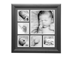 a black and white photo frame with six photos of a baby's first year