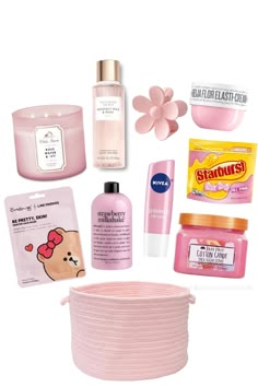 the contents of a pink cosmetic bag are arranged on top of each other, including an empty container and several different types of skin care products