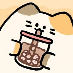 a drawing of a cat holding a cup with food in it's mouth and looking at the camera