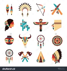 Ethnic american idigenous tribal amulets and symbols icons collection with native feathers headdress abstract isolated vector illustration