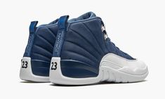 the air jordan 12 retro is in blue and white