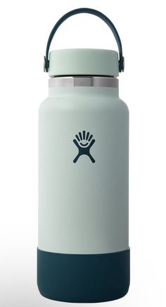 a white and blue water bottle with a black lid