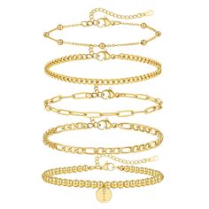 PRICES MAY VARY. GOLD BRACELETS SET: 5 gold bracelets in a set, including 1 small bean chain (diameter: 3mm), 1 curb chain (width: 3mm), 1 paperclip link chain (width: 3mm), 1 figaro chain (width: 4mm) and 1 small beaded bracelets (diameter: 4mm). Total length 8.85", including 6.89" main chain and 1.96" extension chain. PERSONALIZED SELECTION: Featuring 26 initials from A to Z for you to choose. Each one has a lobster clasp and is designed with a 5cm extension chain. Easy to adjust the length an Gold Bracelet Charms, Small Beaded Bracelets, Initial Bracelet Gold, Initial Charm Bracelet, Bracelets Adjustable, Alphabet Pendant, 18k Gold Bracelet, Gold Bracelet Set, Letter Bracelet