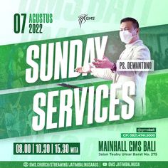 a poster for sunday services with a man in a white suit and face mask holding a laptop