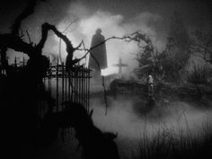 a man standing in the fog next to a cemetery