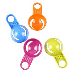 three plastic bottle openers are shown in different colors and shapes on a white background