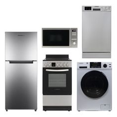 four different appliances are shown in this image, including a dishwasher, stove, microwave, and washing machine