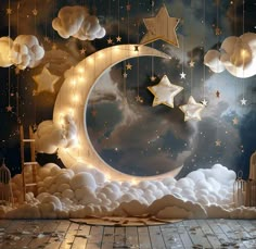 moon and stars backdrop, in the style of theatrical installations, sleepycore, angela barrett, playful atmosphere, chen zhen, temmie chang, cinematic sets --v 6 Good Night Moon Party Ideas, Moon And Cloud Backdrop, Cloud Themed Prom, Moon And Star Party Decorations, Dreamland Party Theme, Cloud Set Design, Clouds Table Decor, Night Time Baby Shower Ideas, Giant Moon Backdrop