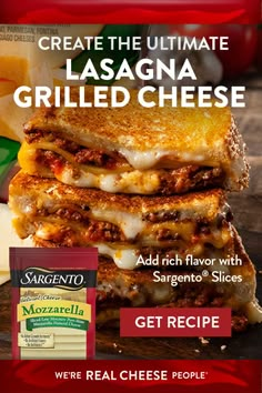 an advertisement for grilled cheese on a cutting board with the caption'get the recipe '