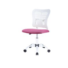 a white and pink office chair with wheels