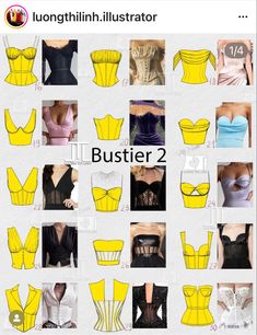 the different types of corses are shown on this page, including bustier and bra