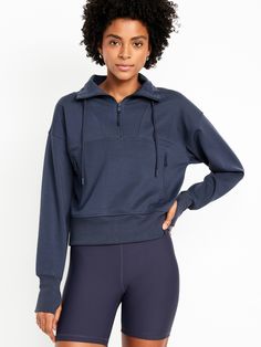 drawstring funnel neck long sleeves thumbhole cuffs zip pockets pullover style loose fit hits at hip models are approx.  5'9" and wear sizes s (4), l (12) and xl (18)machine wash according to the care instruction label Beauty Hair Photography, Blue Athleisure, Hair Photography, Old Navy Women, Funnel Neck, Zip Sweatshirt, Active Wear Tops, Funnel, Half Zip