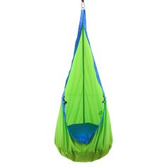 a green and blue hanging chair