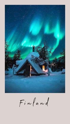 an image of the aurora over a cabin in finland with text that reads find and travel