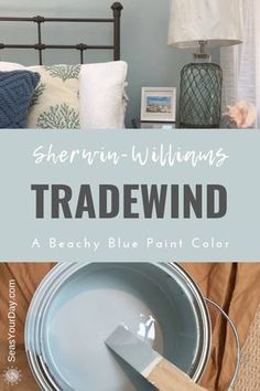 a blue paint color with the words sherrin williams tradewind on it