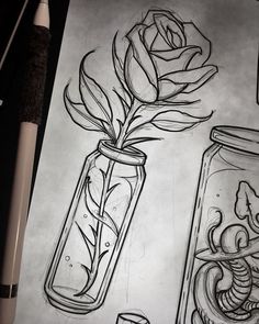 a pencil drawing of a rose in a jar and an empty glass with water inside