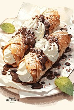 three crepes covered in chocolate and whipped cream