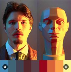 a man standing in front of a mannequin with different colors on his face