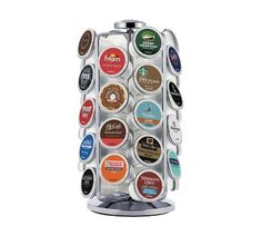 a coffee cup holder with many different types of coffee cups on the front and side