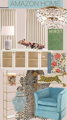 an interior design board with blue chairs and leopard prints on it, including the name amazon home