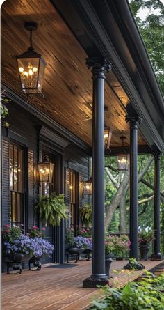 the porch is lined with potted plants and lights