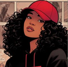 a woman with curly hair wearing a red hat and black shirt, standing in front of comic panels