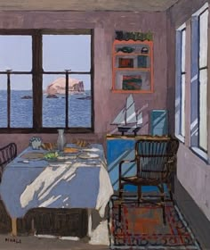 a painting of a dining room with a table and chairs in front of the window