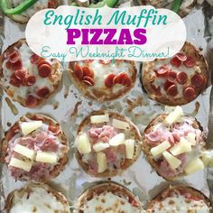 english muffin pizzas with ham and cheese on them are ready to be eaten