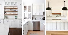 two pictures side by side with white cabinets and wood floors