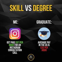 a poster with the words skill vs degree and graduation on it, including an image of a