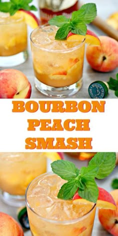 bourbon peach smash with mint garnish and fresh peaches on the rims