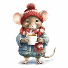 a painting of a mouse holding a cup of coffee and wearing a knitted hat