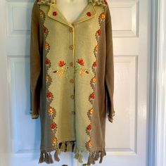 Perfect For The Pumpkin Patch This Fall! Limited Edition Vintage Sweater With So Much Unique And Gorgeous Detailing. From The Embroidery To The Beadwork, It Is A Work Of Art. The Tassels On The Hem Are A Fun Touch. Vintage Tapestry, Garment Bags, Blush Makeup, Vintage Sweaters, Trending Accessories, Pumpkin Patch, Jean Coat, Trending Shoes, Knitted Sweaters