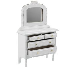 a white dresser with drawers and a mirror on it's top, in front of a white background