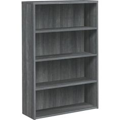 an empty bookcase with three shelves on each side