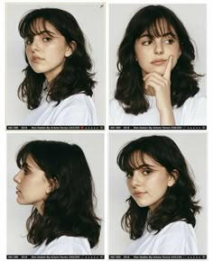 four different pictures of a woman with long hair and bangs, one in the process of making