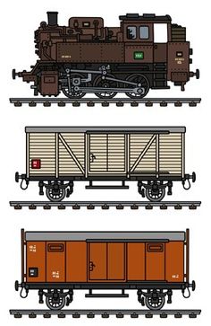 four different types of train cars on tracks