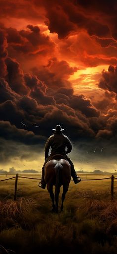 a man riding on the back of a horse under a red sky with dark clouds