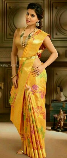 Beautiful Silk Saree Tamil Saree, Saree Yellow, Samantha In Saree, Orang India, Saree Draping Styles, Saree Photoshoot, Saree Models, Indian Attire