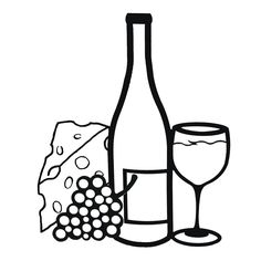 a wine bottle, glass and cheese on a white background