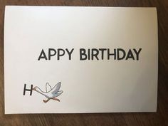 a birthday card with a stork and the words happy birthday written on it